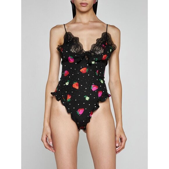 Alessandra Rich Strawberry Print Silk Jacquard Bodysuit in Black 42 New Womens - Picture 1 of 15